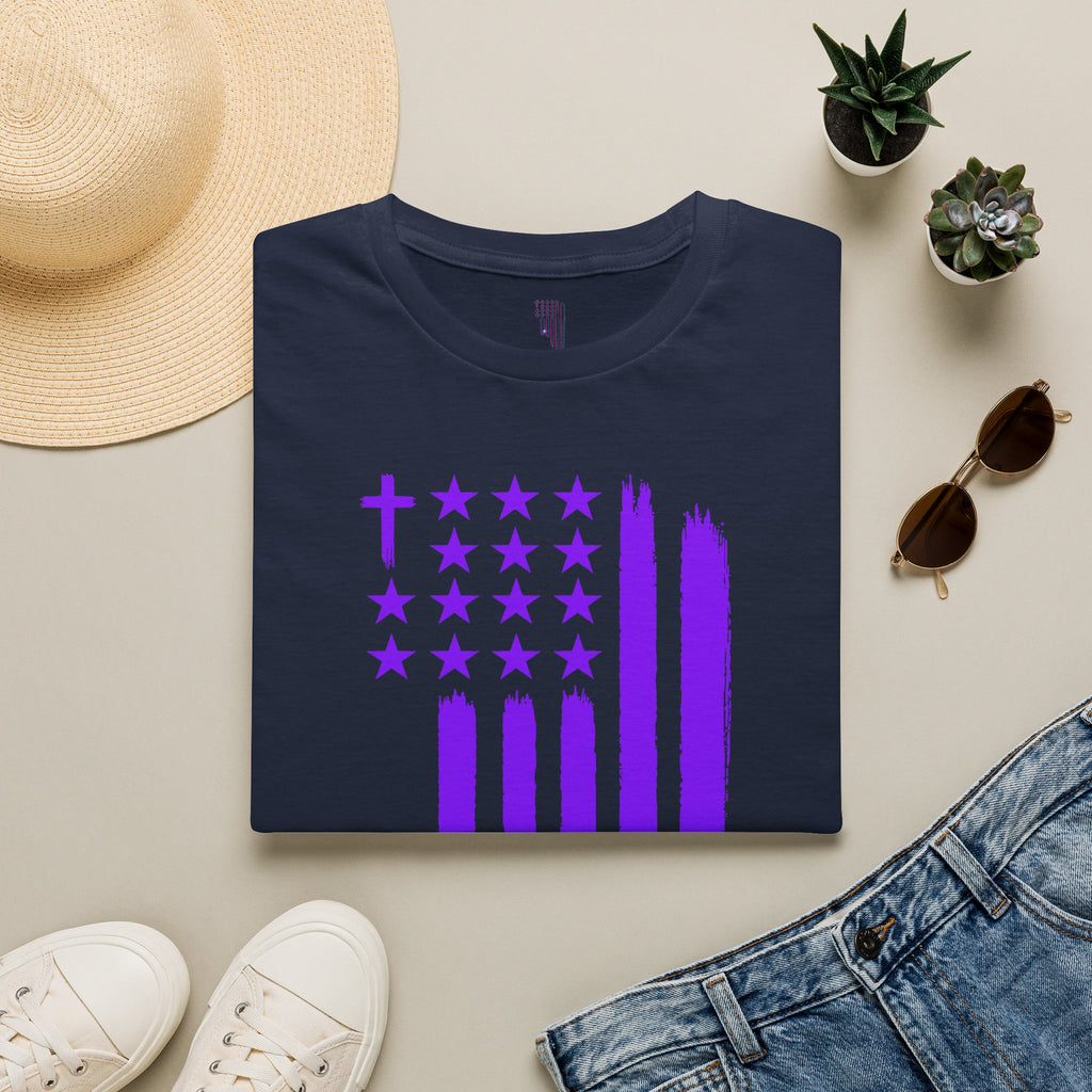 Christian Flag T-Shirt — Purple Brushstroke American Flag with Cross
