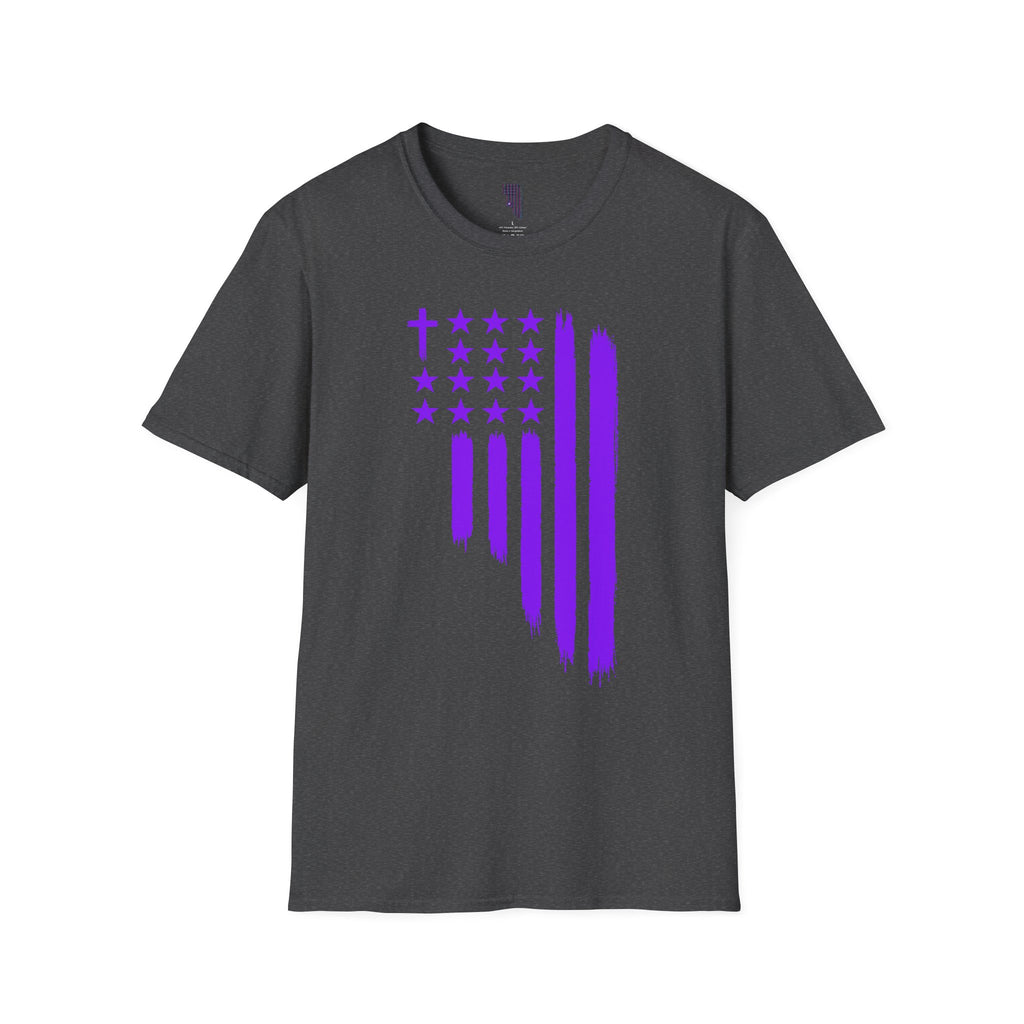 Christian Flag T-Shirt — Purple Brushstroke American Flag with Cross