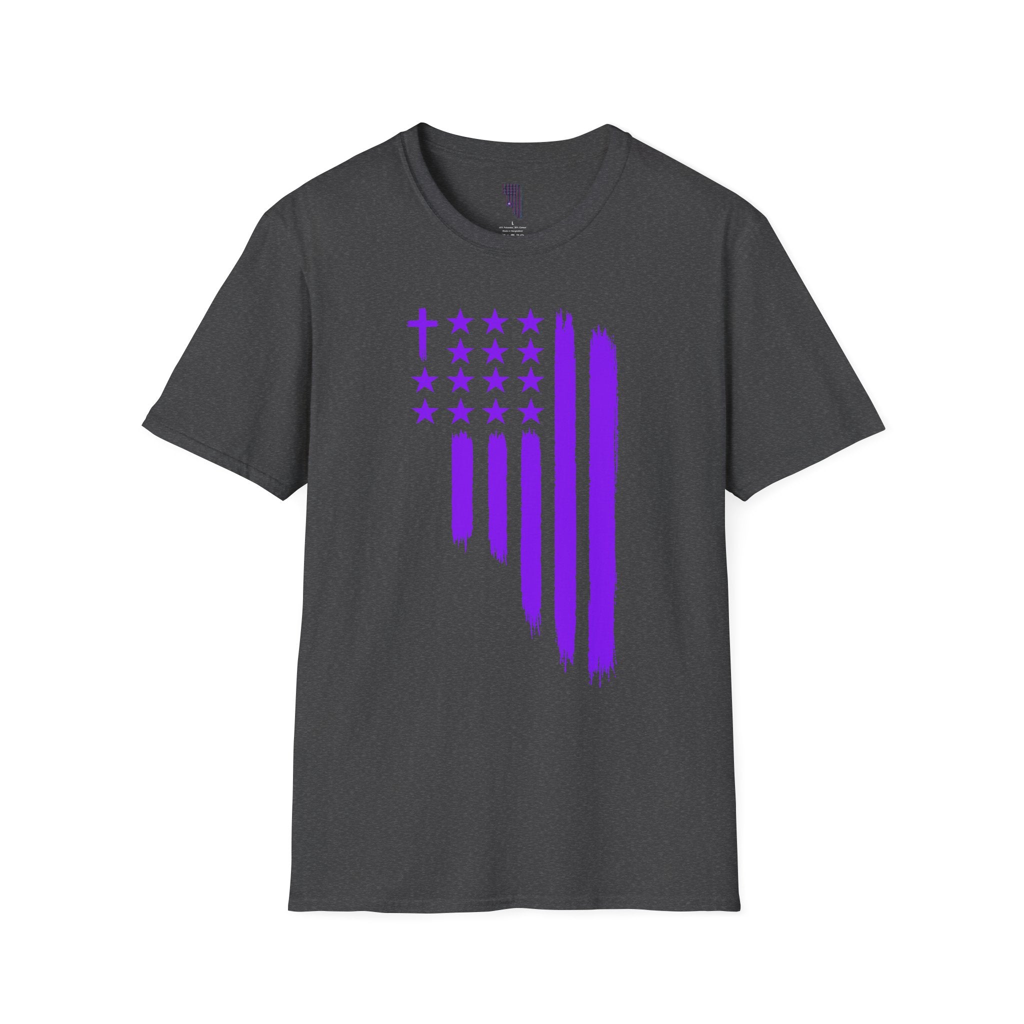 Christian Flag T-Shirt — Purple Brushstroke American Flag with Cross