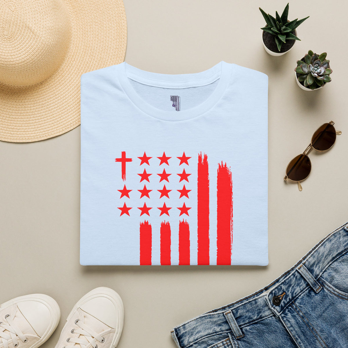 Patriotic Red Brushstroke Flag T‑Shirt