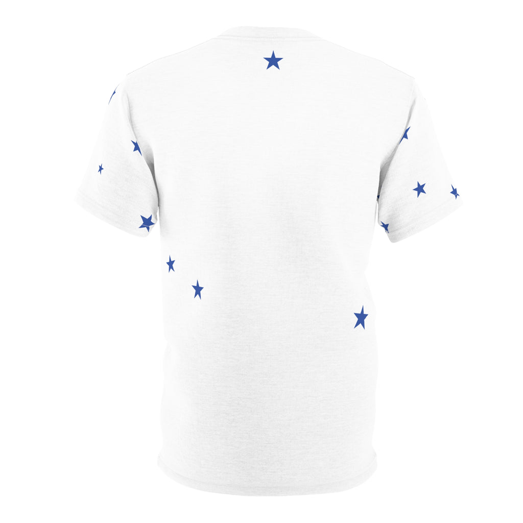 Star Scatter Tee — Blue Stars & Cross All-Over Print
