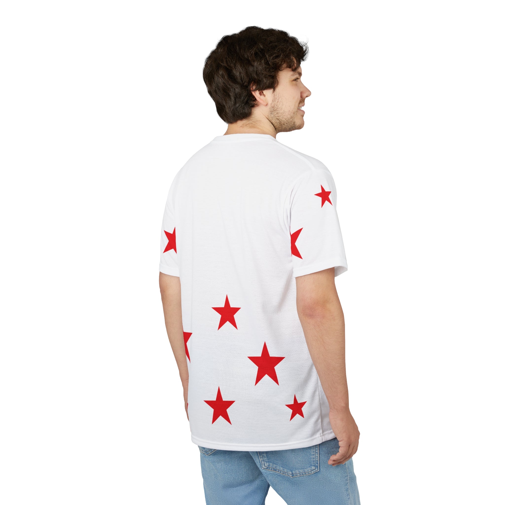 White Tee with Red Stars & Cross — Christian Graphic T‑Shirt