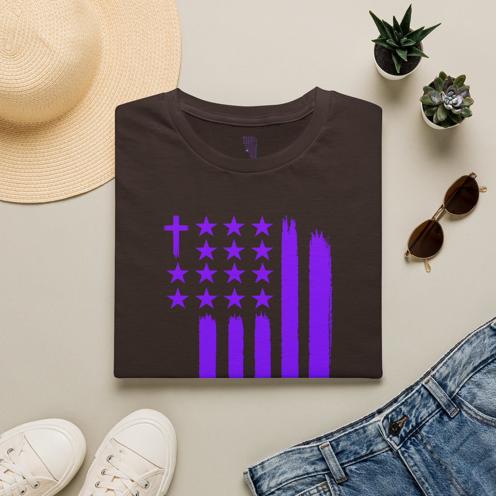 Christian Flag T-Shirt — Purple Brushstroke American Flag with Cross
