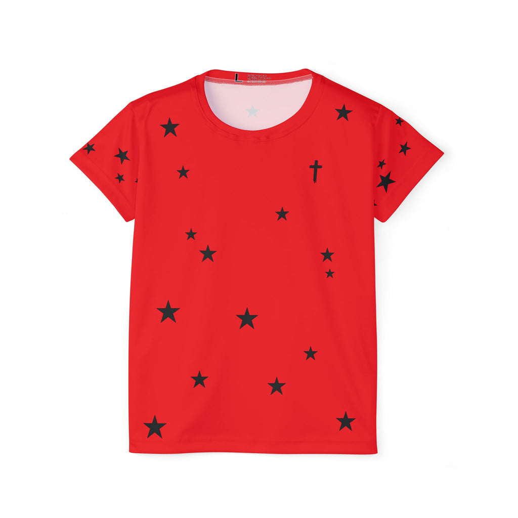 Women's Red Star Print Sports Jersey — Athletic Tee with Scattered Black Stars