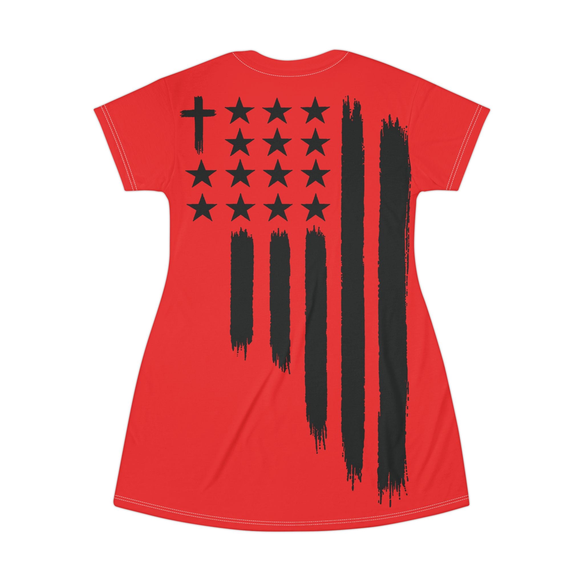 Christian Flag T-Shirt Dress — Red Brushstroke American Cross Stars Design