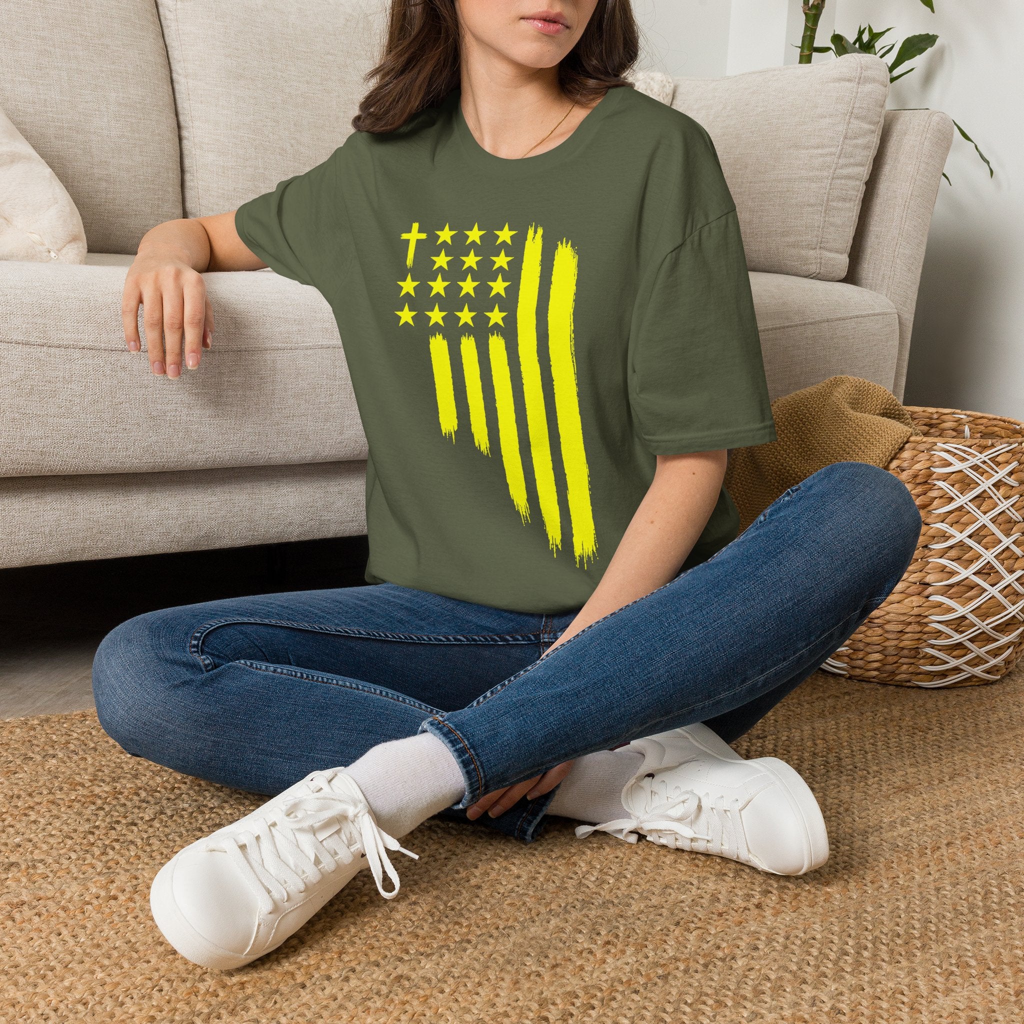 Neon Yellow Stylized American Flag T-Shirt