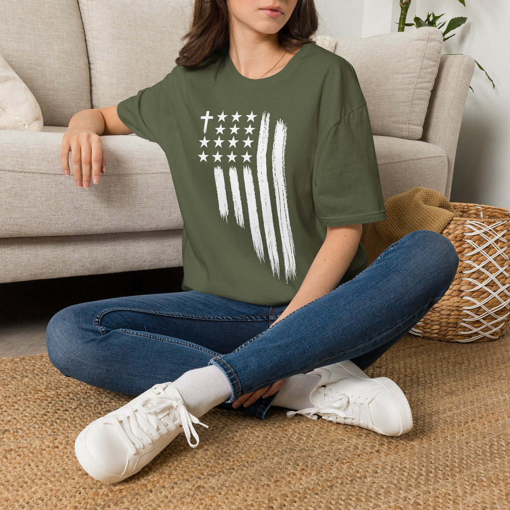 Christian American Flag T-Shirt — Distressed Cross & Stars Patriotic Tee