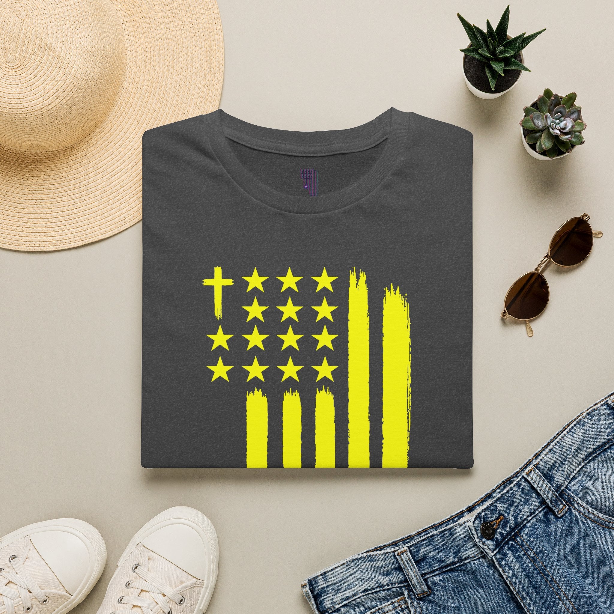 Neon Yellow Stylized American Flag T-Shirt