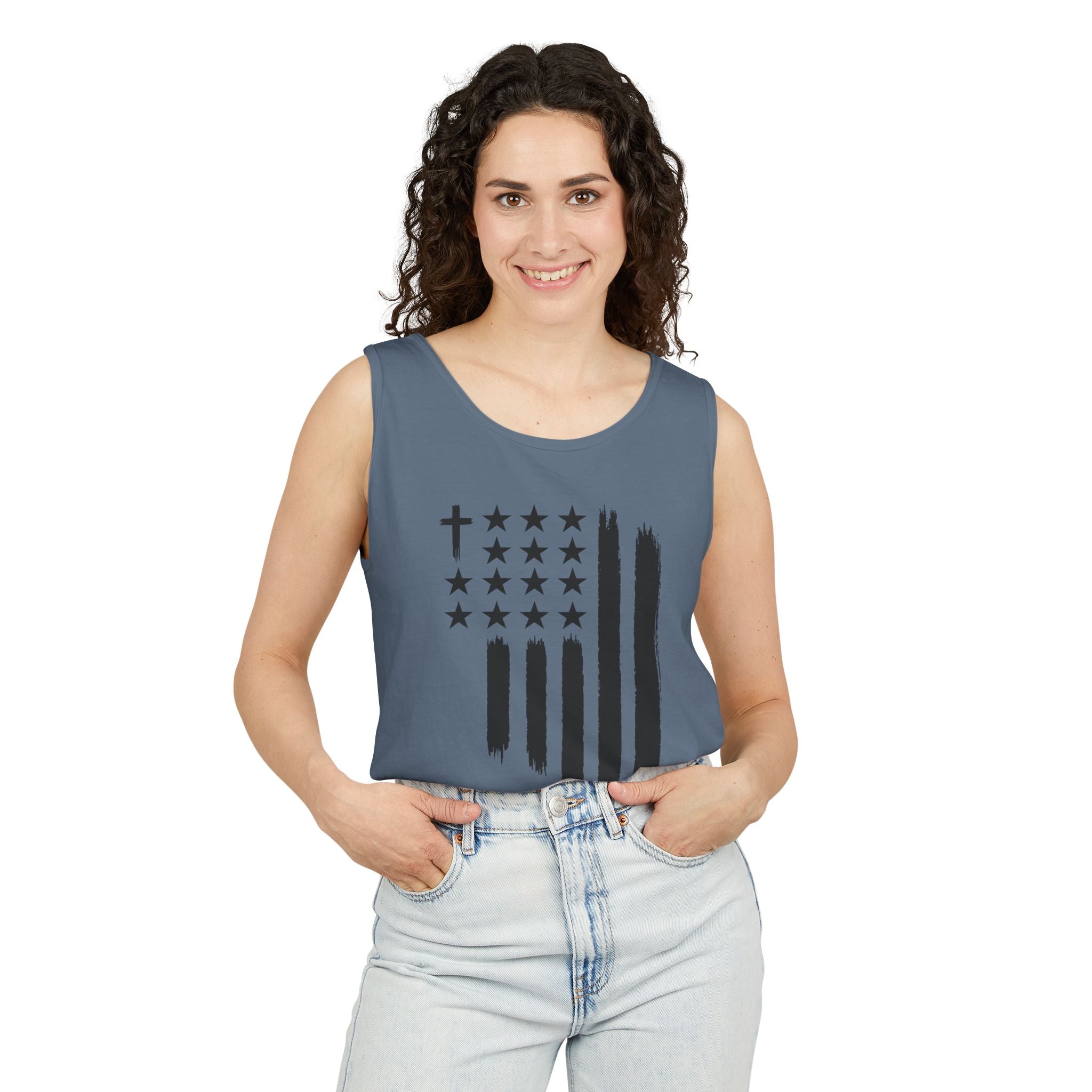 1st set of colors ALL STARS Flag Tank Top — Distressed Cross & Stars Patriotic Tank