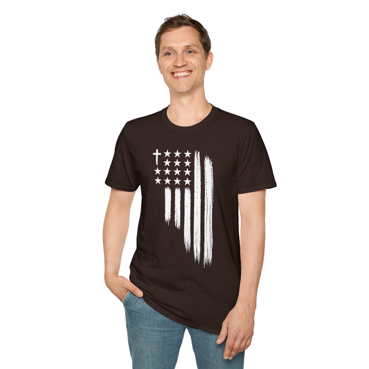 Christian American Flag T-Shirt — Distressed Cross & Stars Patriotic Tee