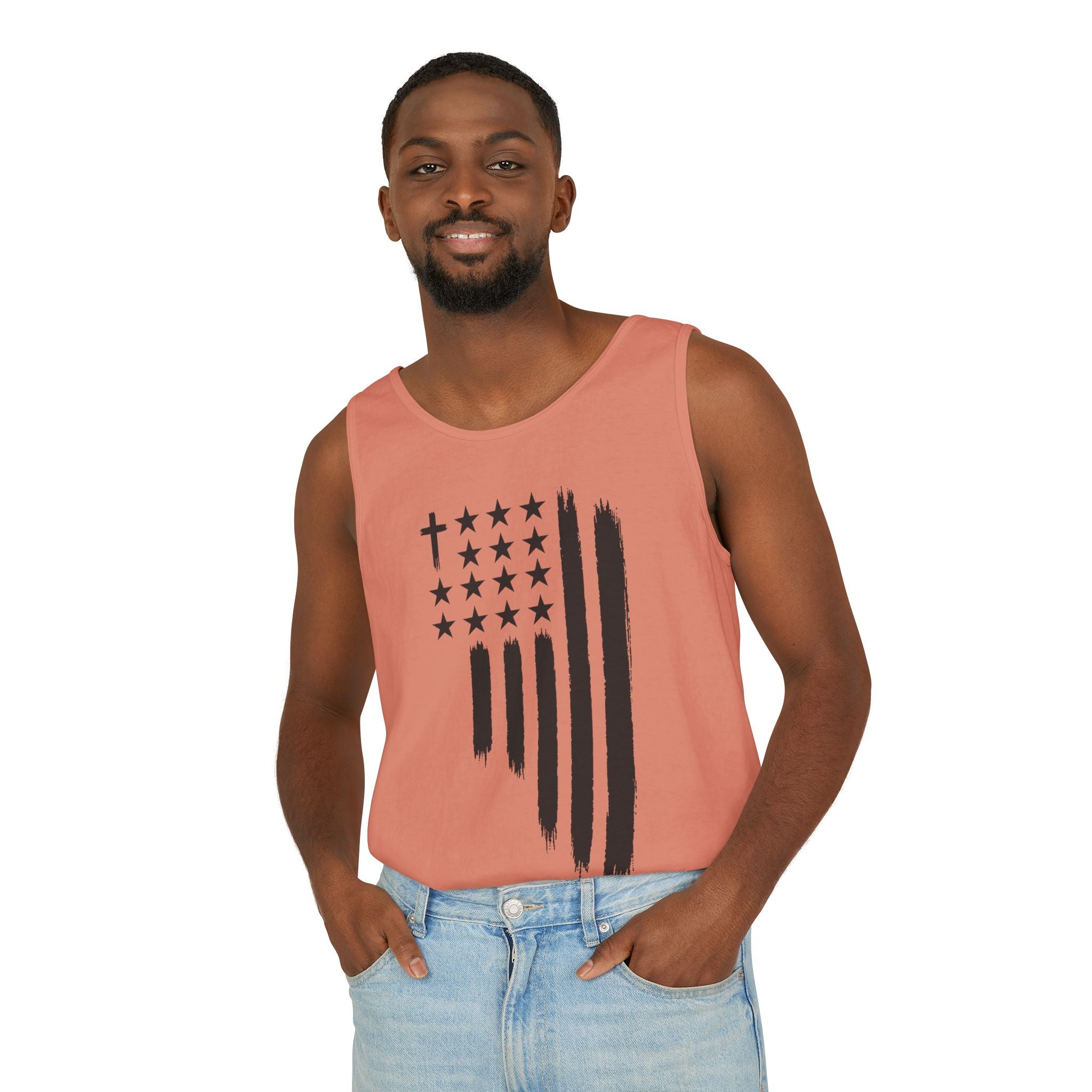 2nd set of colors ALL STARS Flag Tank Top — Distressed Cross & Stars Patriotic Design