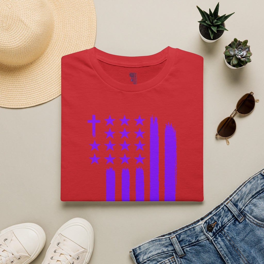Christian Flag T-Shirt — Purple Brushstroke American Flag with Cross