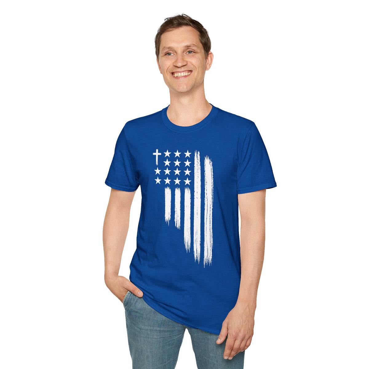 Christian American Flag T-Shirt — Distressed Cross & Stars Patriotic Tee