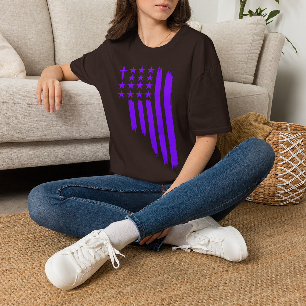 Christian Flag T-Shirt — Purple Brushstroke American Flag with Cross
