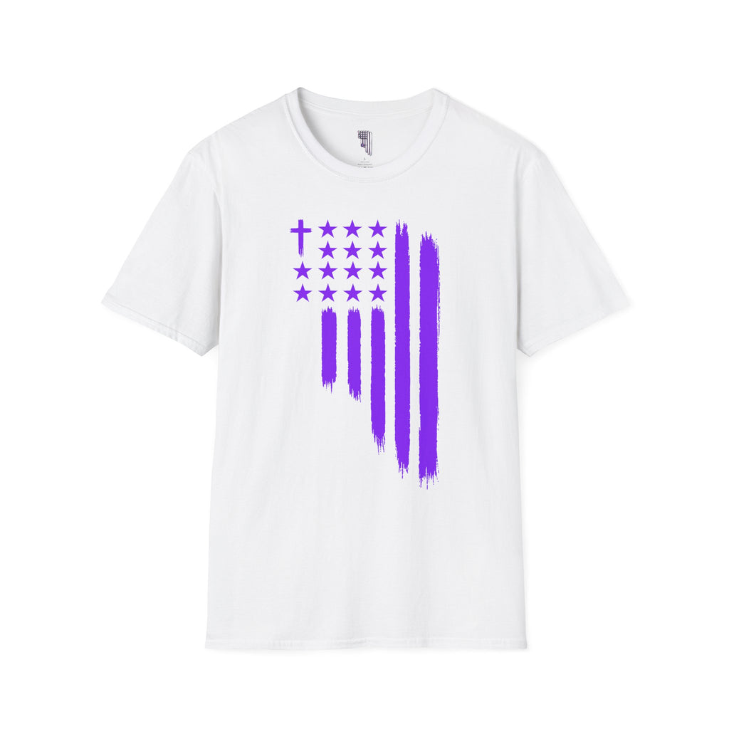 Christian Flag T-Shirt — Purple Brushstroke American Flag with Cross