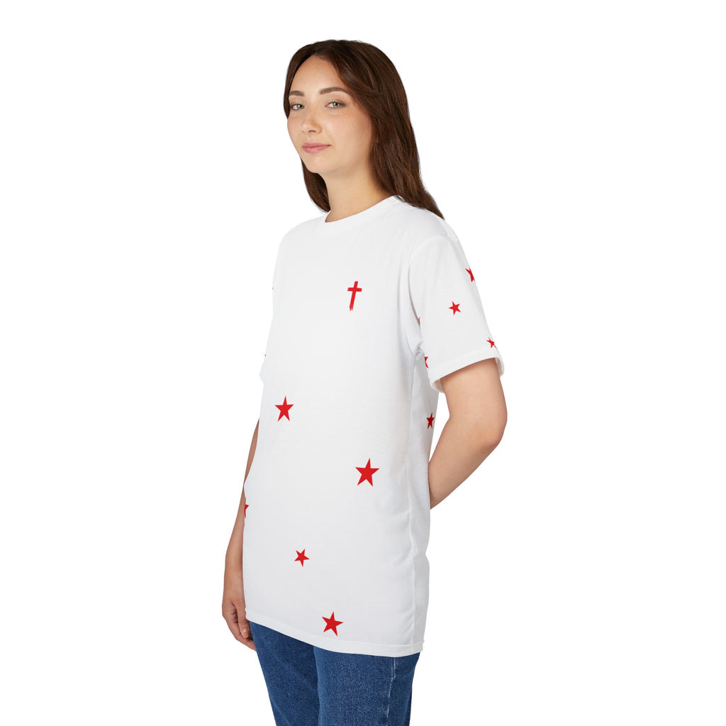 White Tee with Red Stars & Cross — Christian Graphic T‑Shirt