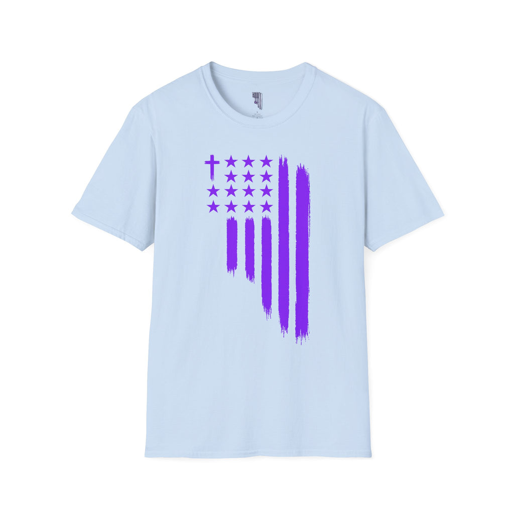 Christian Flag T-Shirt — Purple Brushstroke American Flag with Cross