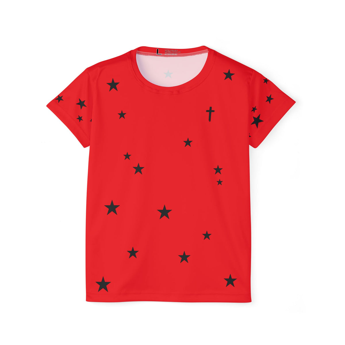 Women's Red Star Print Sports Jersey — Athletic Tee with Scattered Black Stars