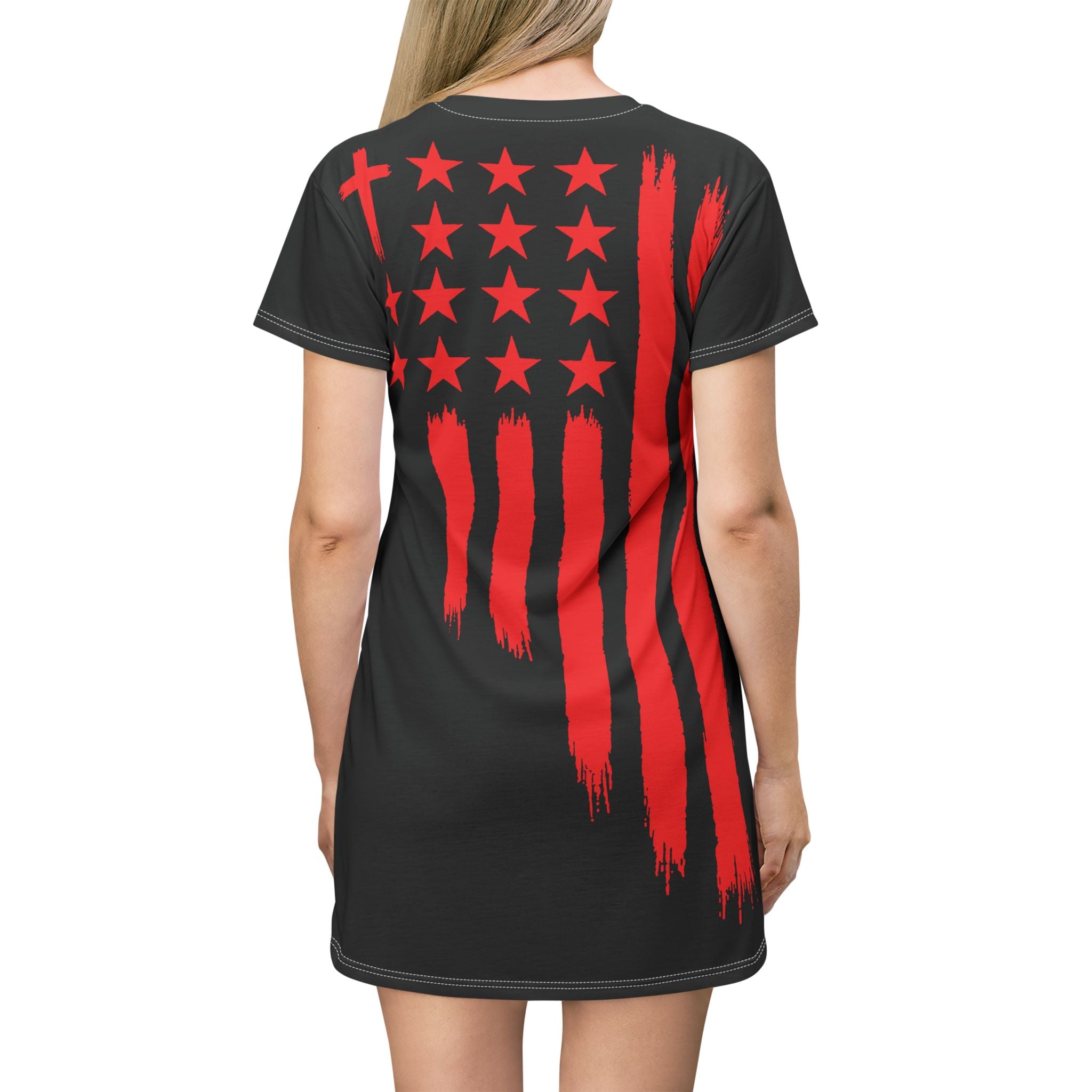Patriotic Cross Flag T-Shirt Dress — Red Brushstroke American Flag