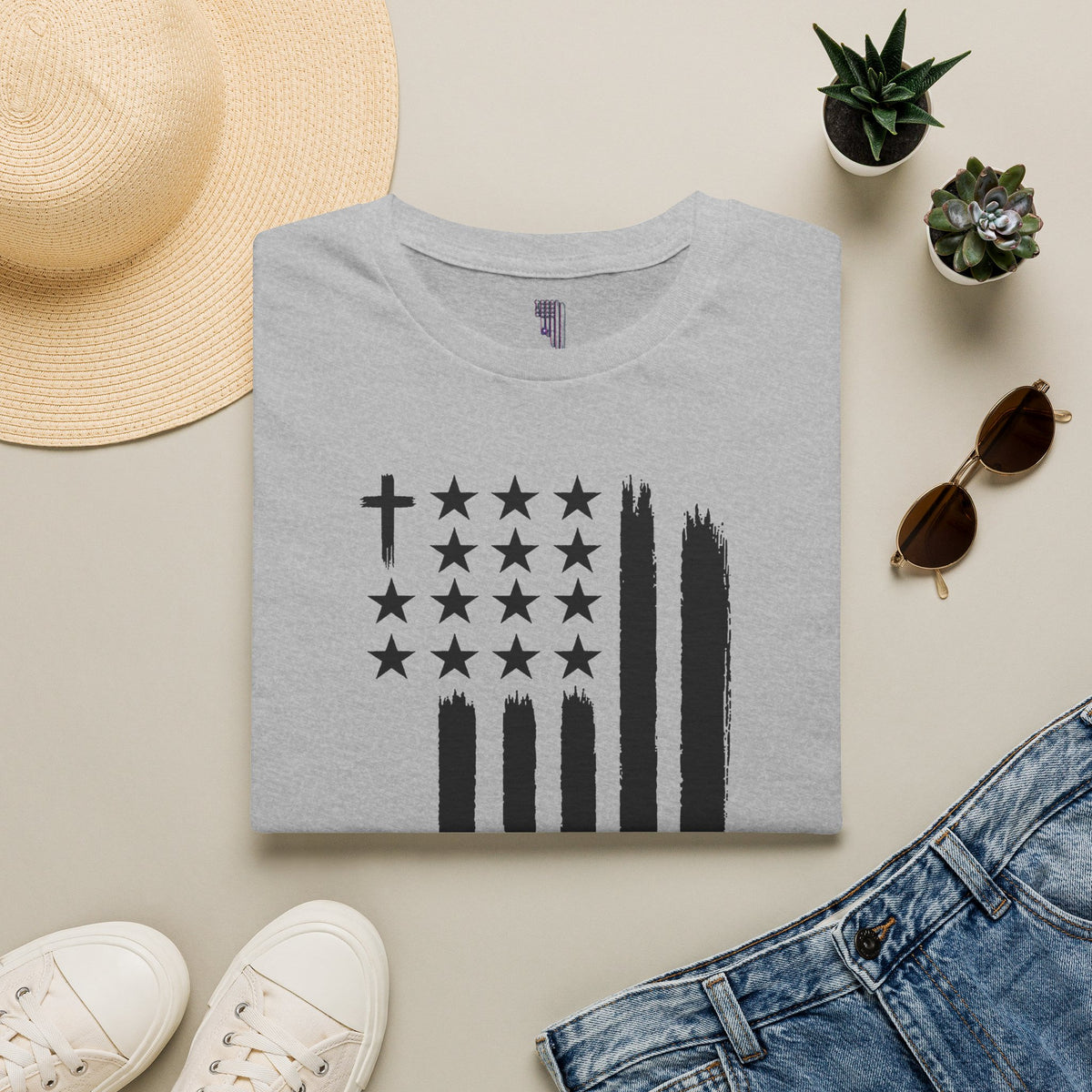 Christian Flag T-Shirt — Distressed American Cross Stars Tee