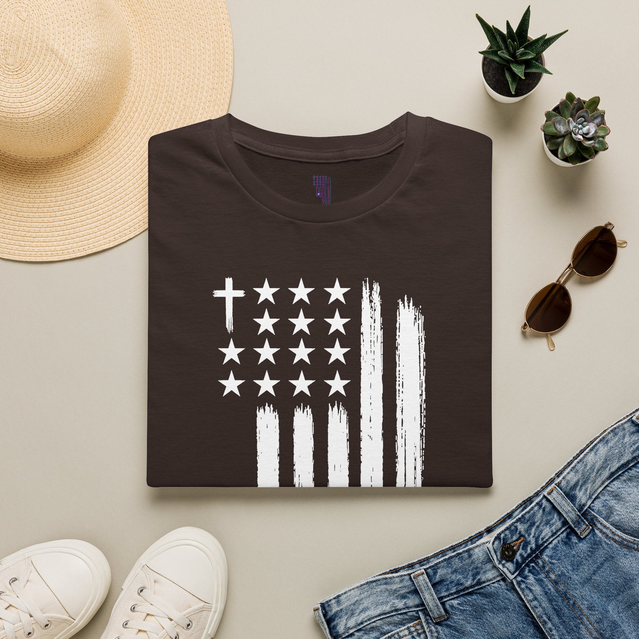 Christian American Flag T-Shirt — Distressed Cross & Stars Patriotic Tee