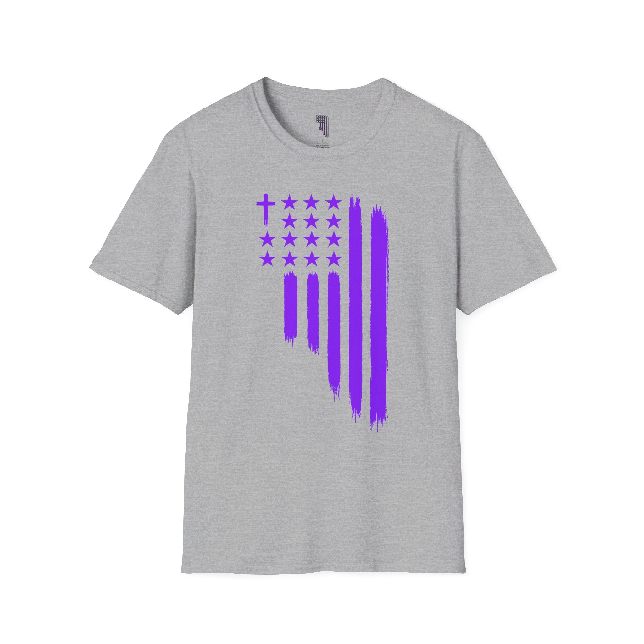 Christian Flag T-Shirt — Purple Brushstroke American Flag with Cross
