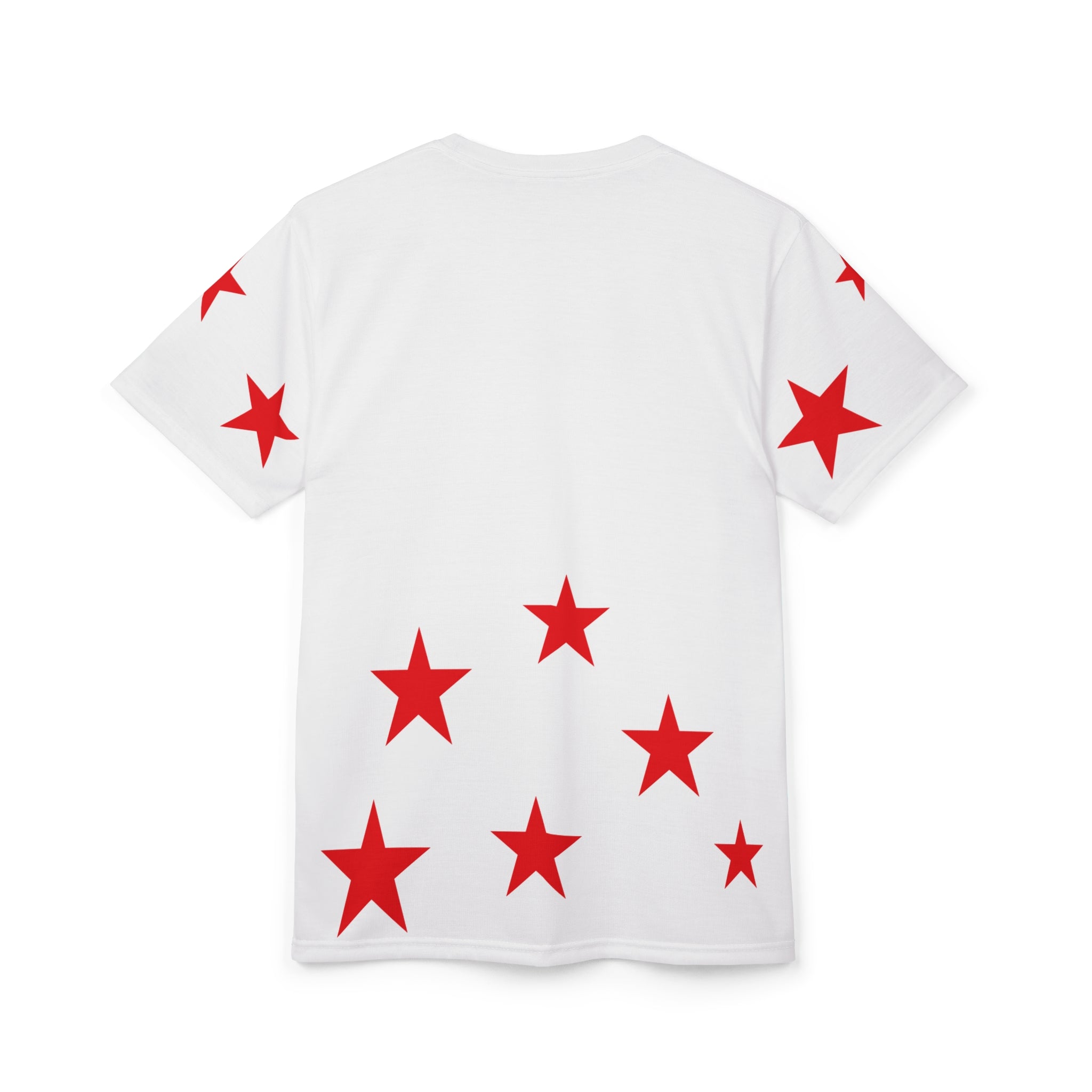 White Tee with Red Stars & Cross — Christian Graphic T‑Shirt
