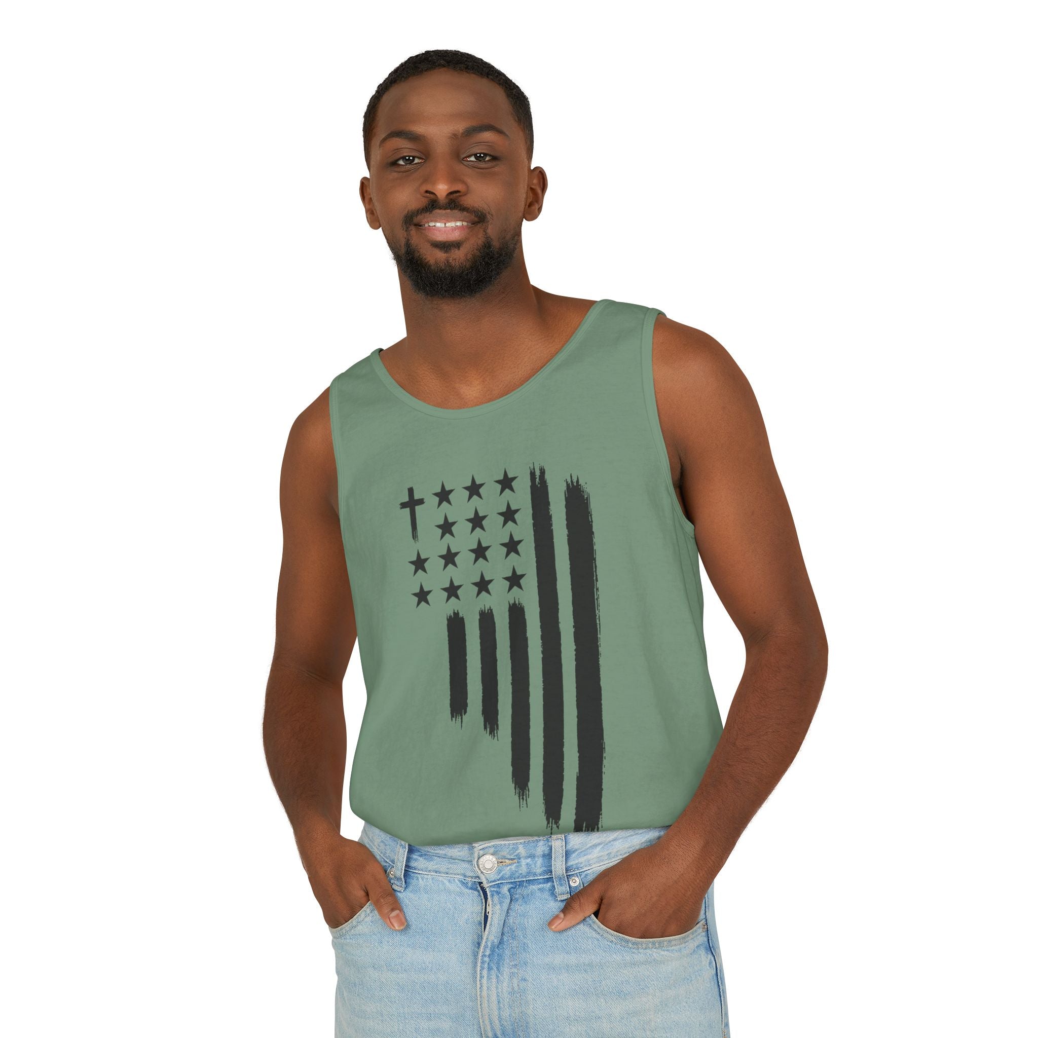 2nd set of colors ALL STARS Flag Tank Top — Distressed Cross & Stars Patriotic Design