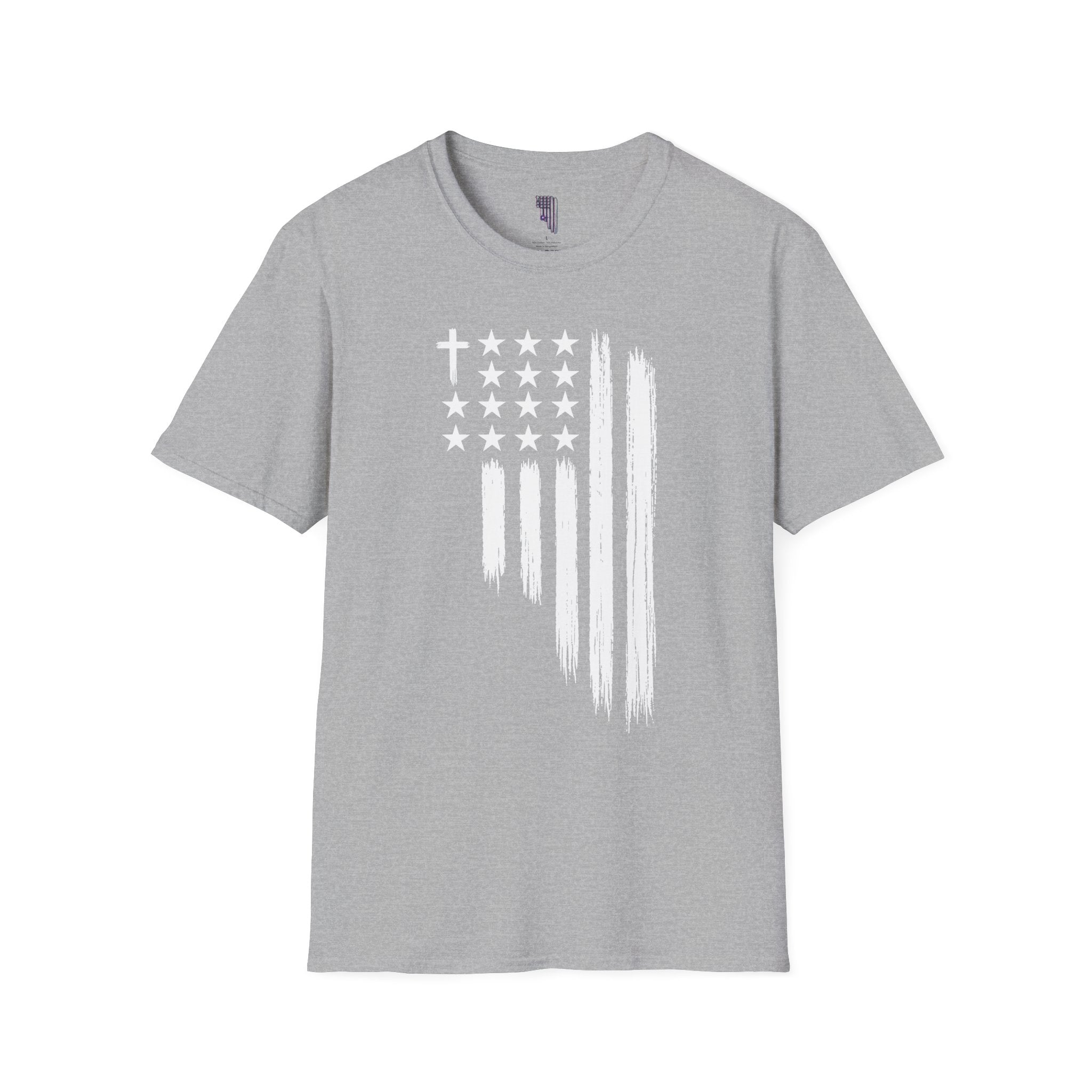 Christian American Flag T-Shirt — Distressed Cross & Stars Patriotic Tee