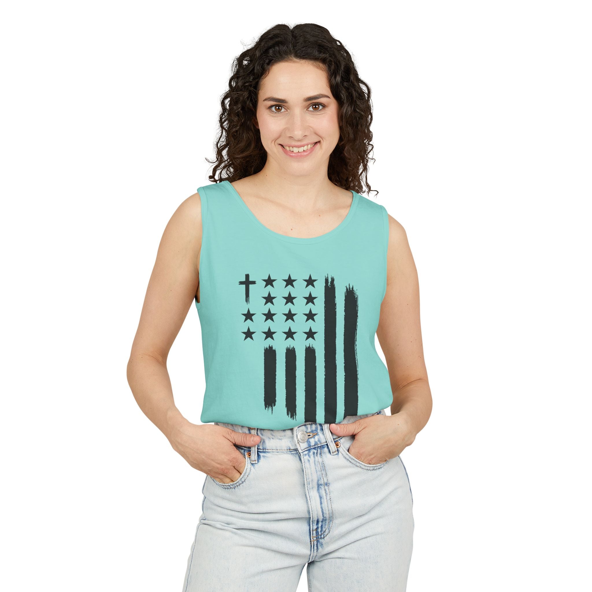 1st set of colors ALL STARS Flag Tank Top — Distressed Cross & Stars Patriotic Tank