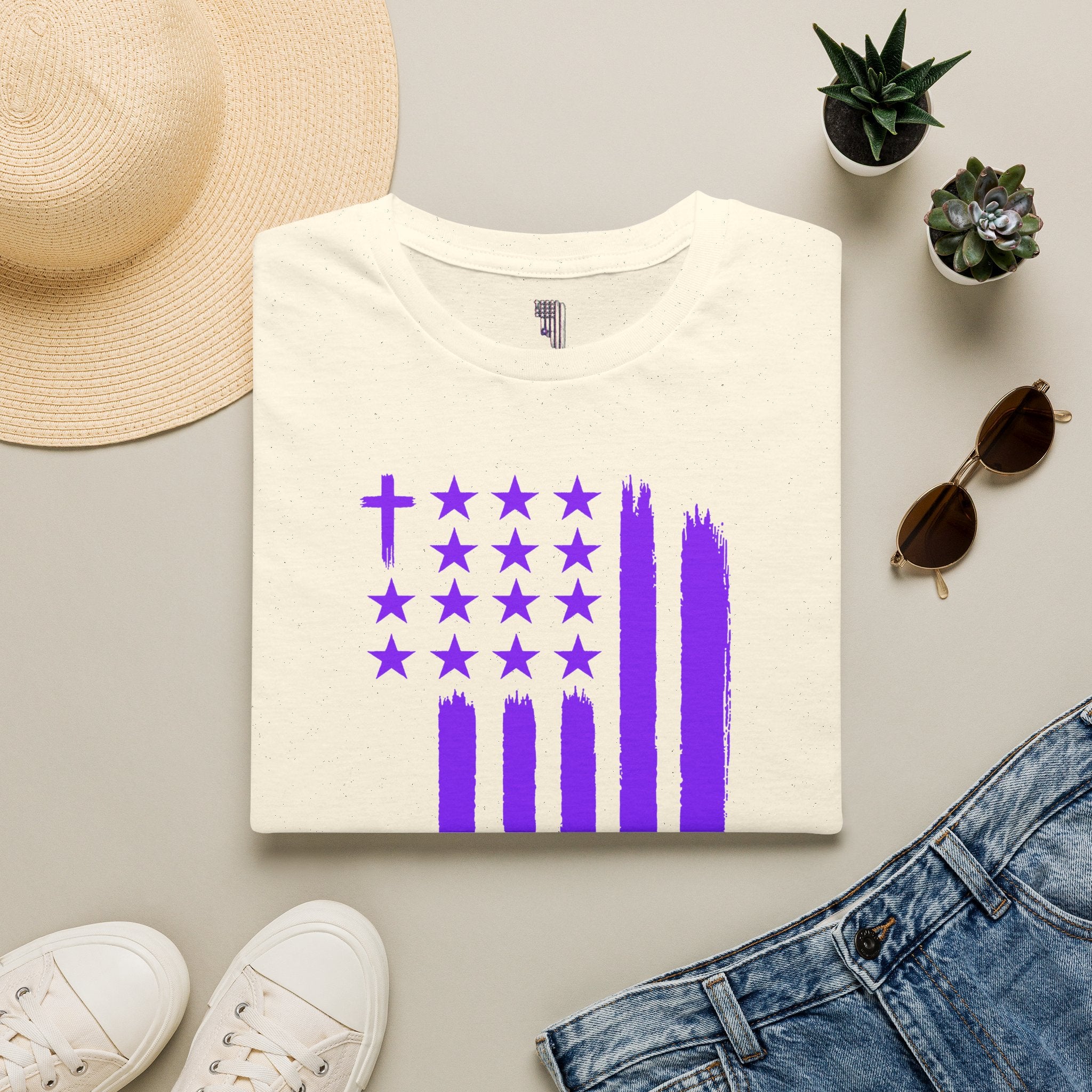 Christian Flag T-Shirt — Purple Brushstroke American Flag with Cross