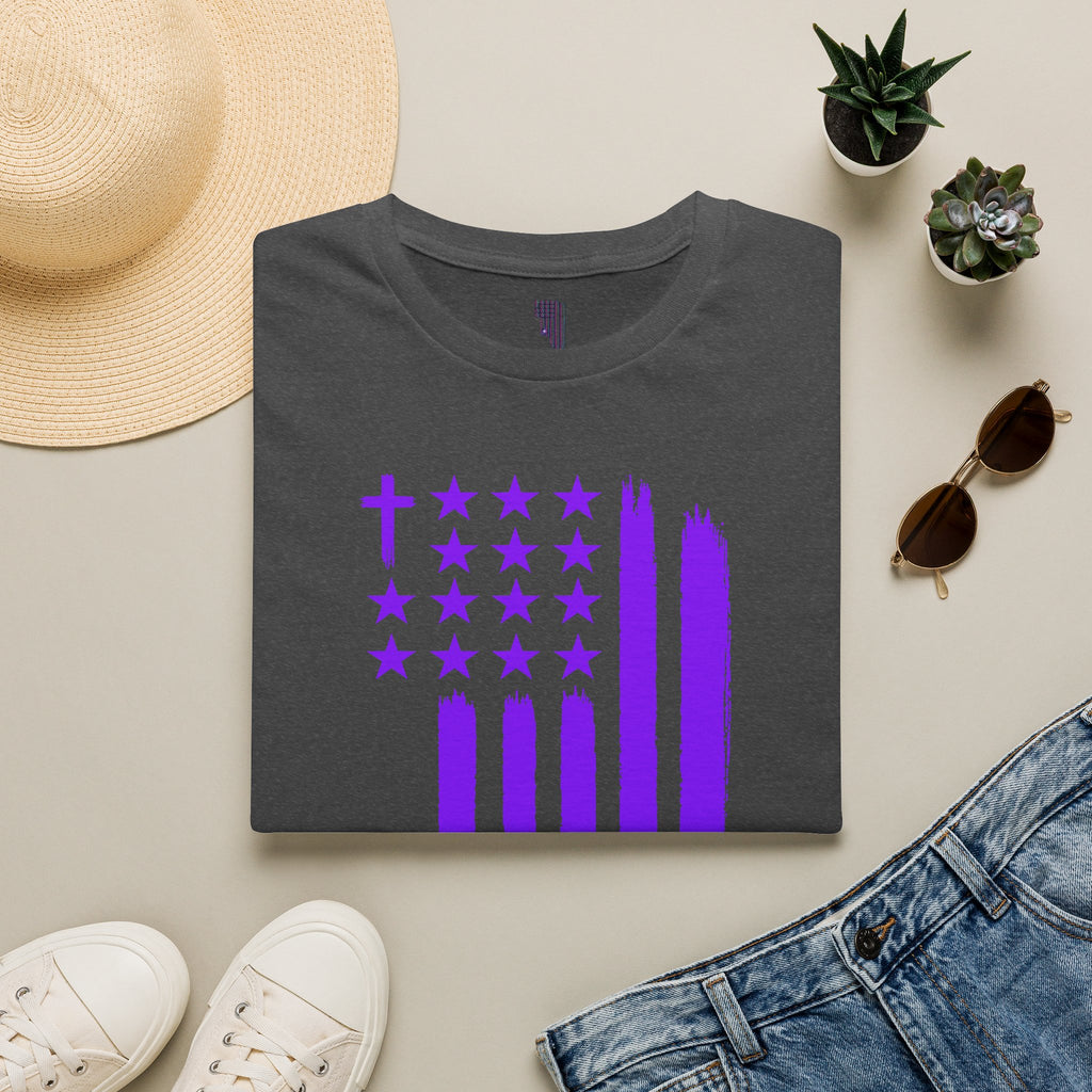 Christian Flag T-Shirt — Purple Brushstroke American Flag with Cross
