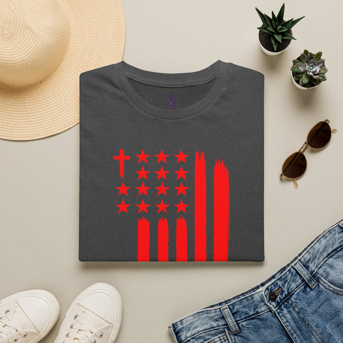 Patriotic Red Brushstroke Flag T‑Shirt