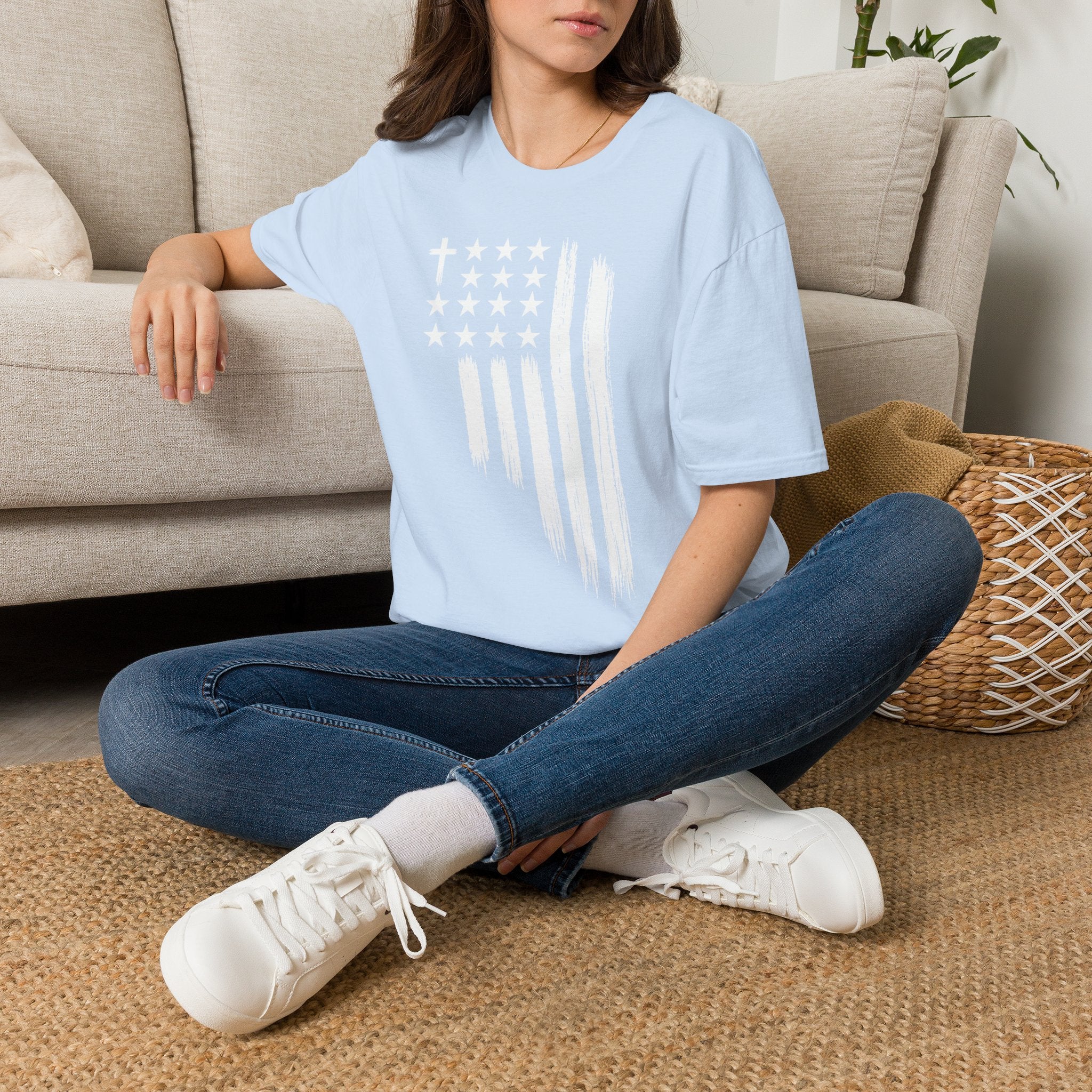 Christian American Flag T-Shirt — Distressed Cross & Stars Patriotic Tee