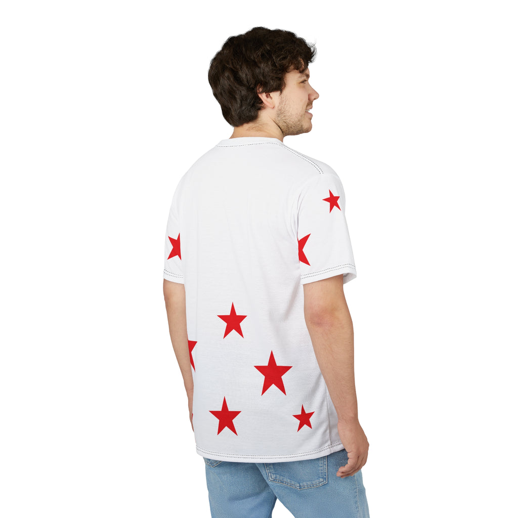 White Tee with Red Stars & Cross — Christian Graphic T‑Shirt