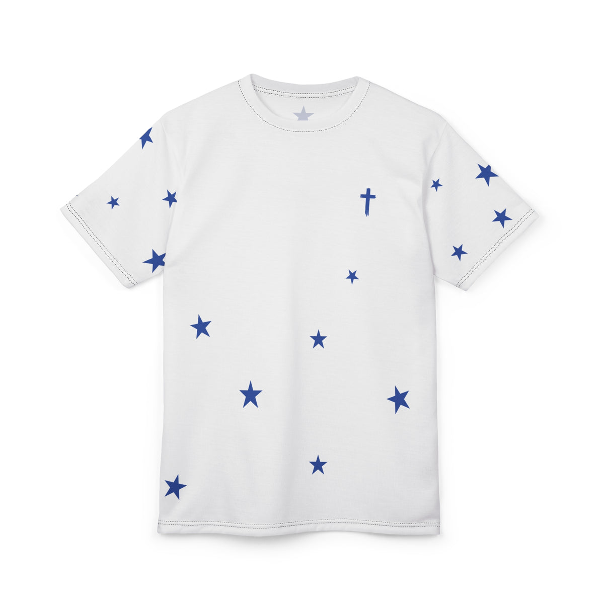 Star Scatter Tee — Blue Stars & Cross All-Over Print