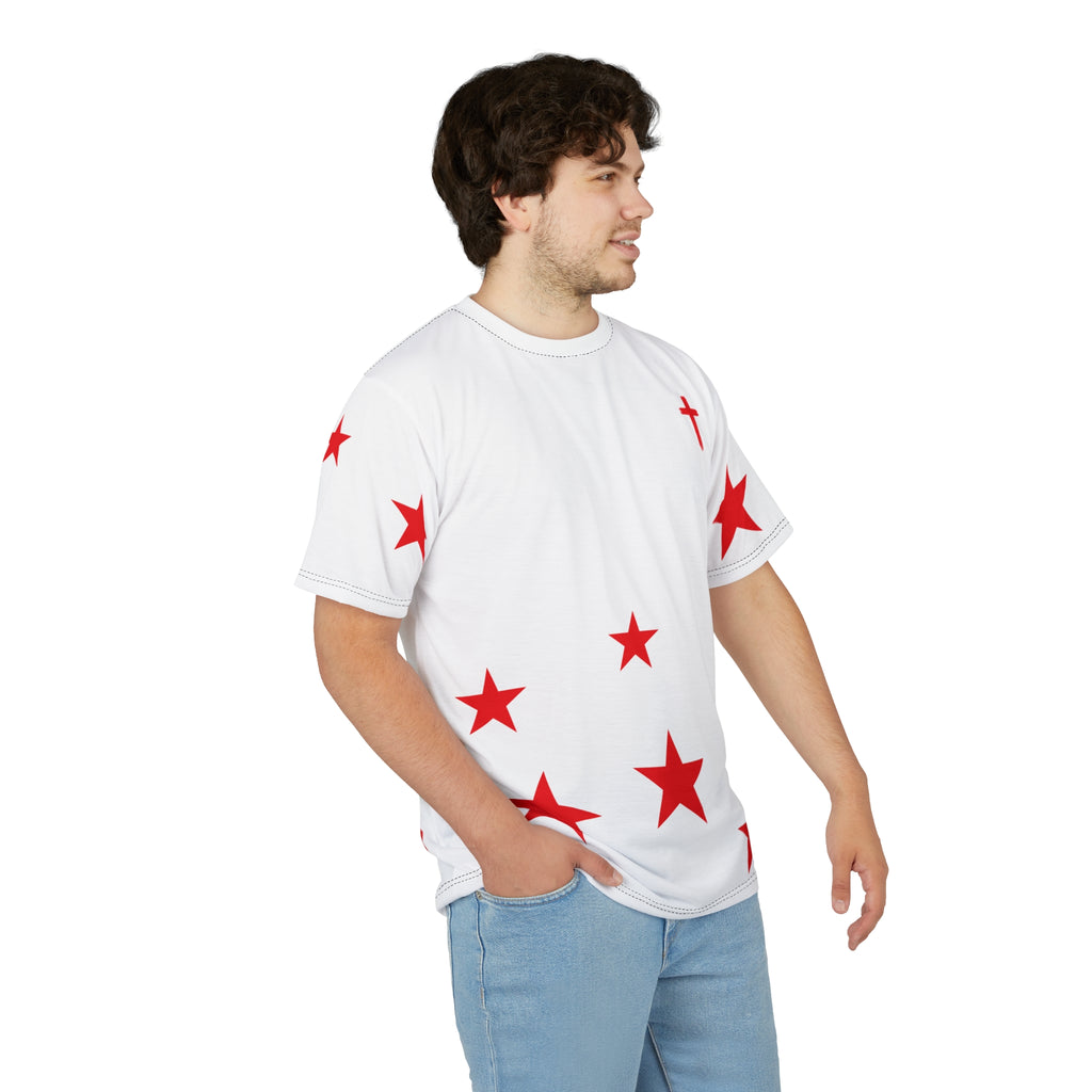 White Tee with Red Stars & Cross — Christian Graphic T‑Shirt