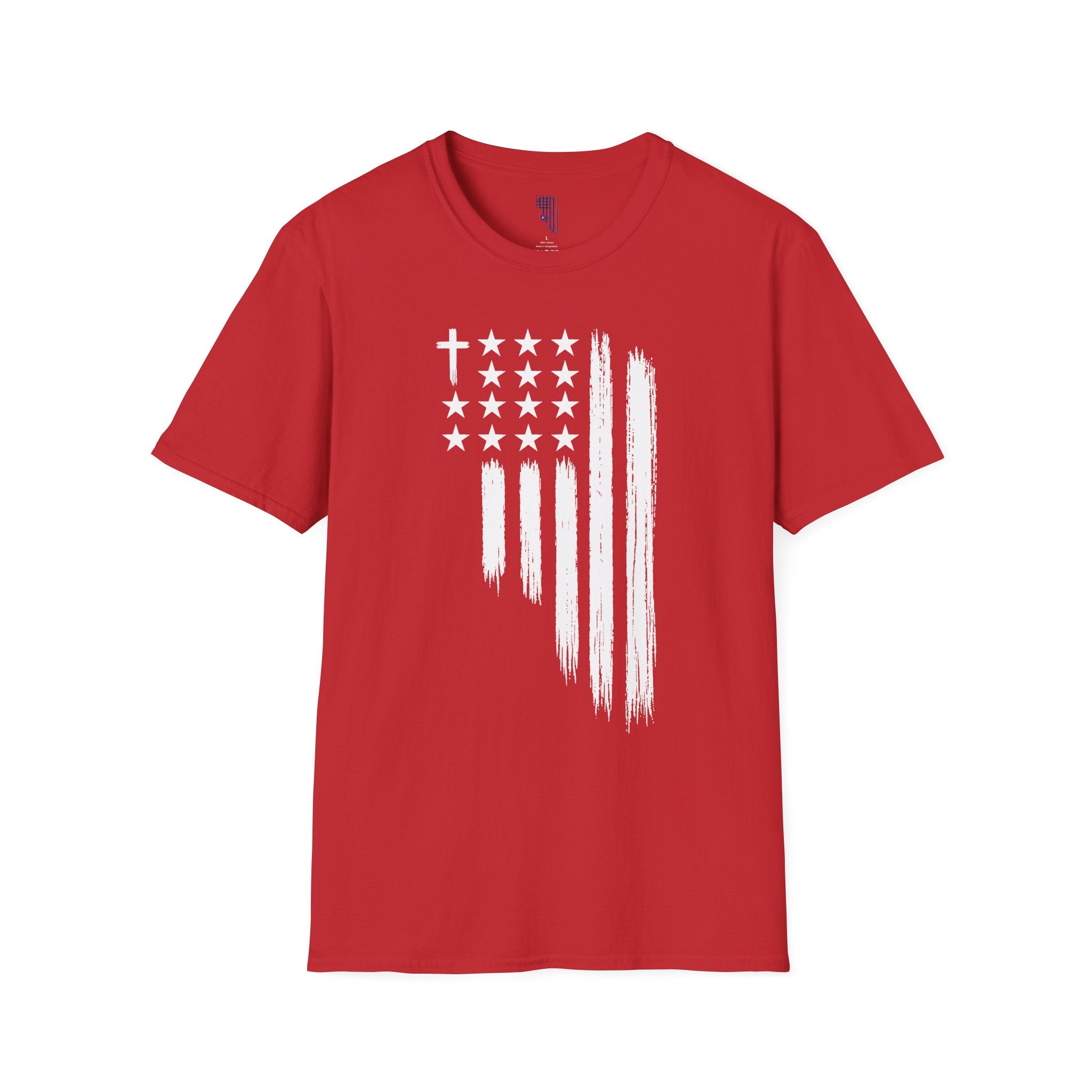 Christian American Flag T-Shirt — Distressed Cross & Stars Patriotic Tee