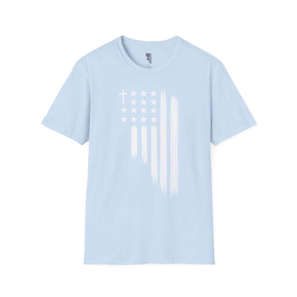 Christian American Flag T-Shirt — Distressed Cross & Stars Patriotic Tee