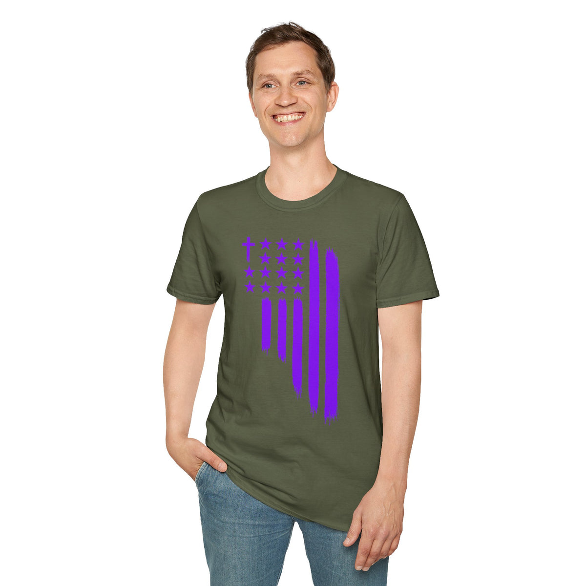 Christian Flag T-Shirt — Purple Brushstroke American Flag with Cross