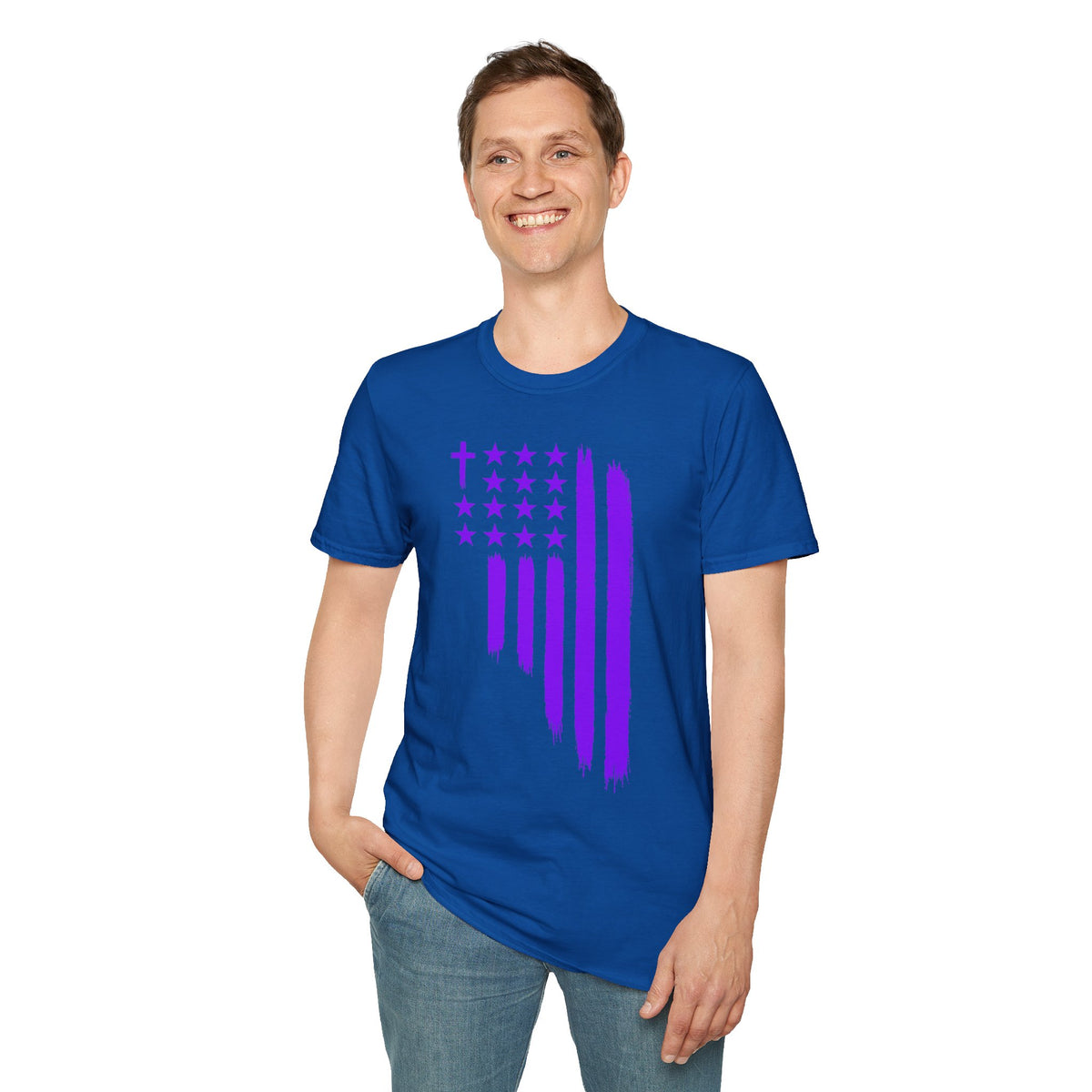 Christian Flag T-Shirt — Purple Brushstroke American Flag with Cross