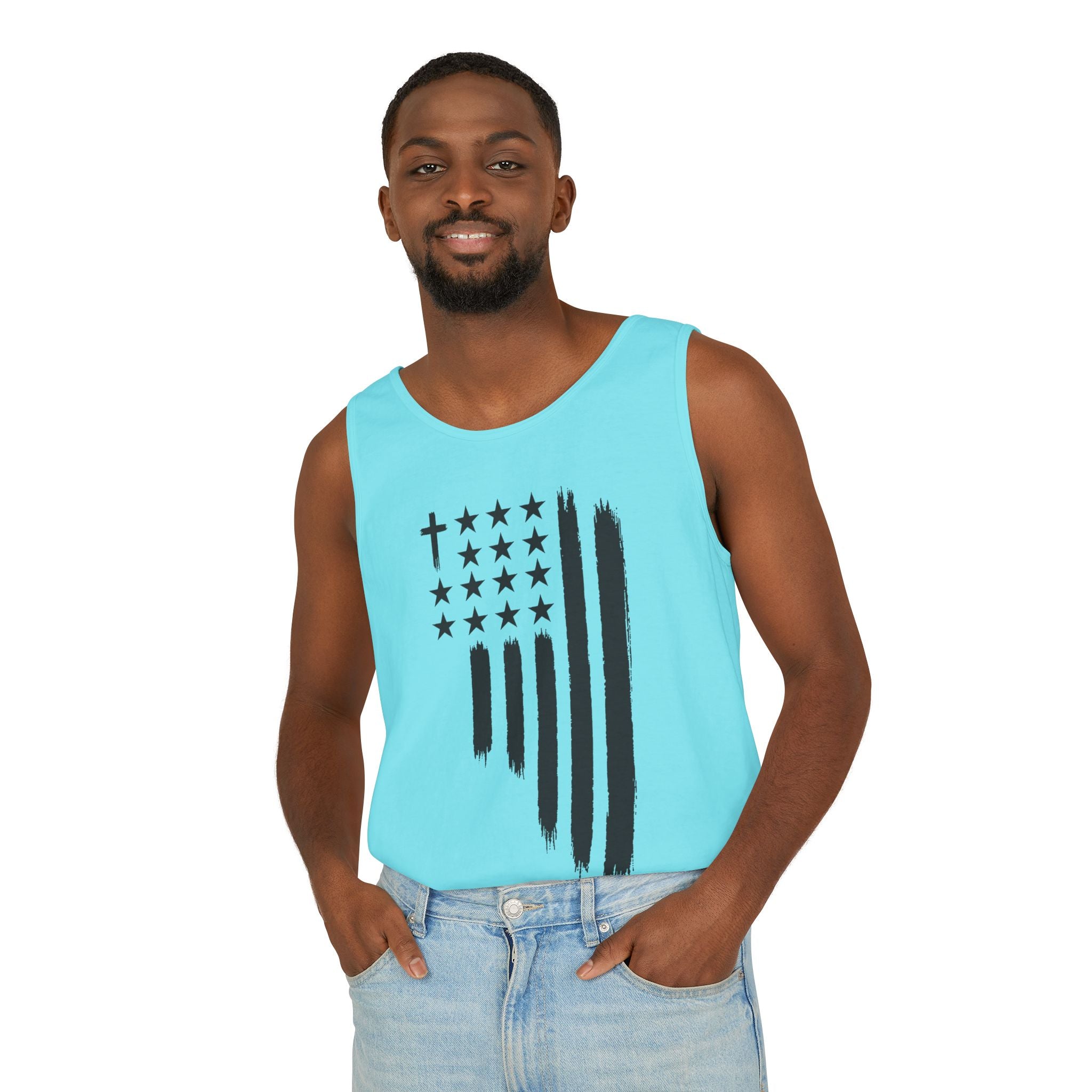 2nd set of colors ALL STARS Flag Tank Top — Distressed Cross & Stars Patriotic Design