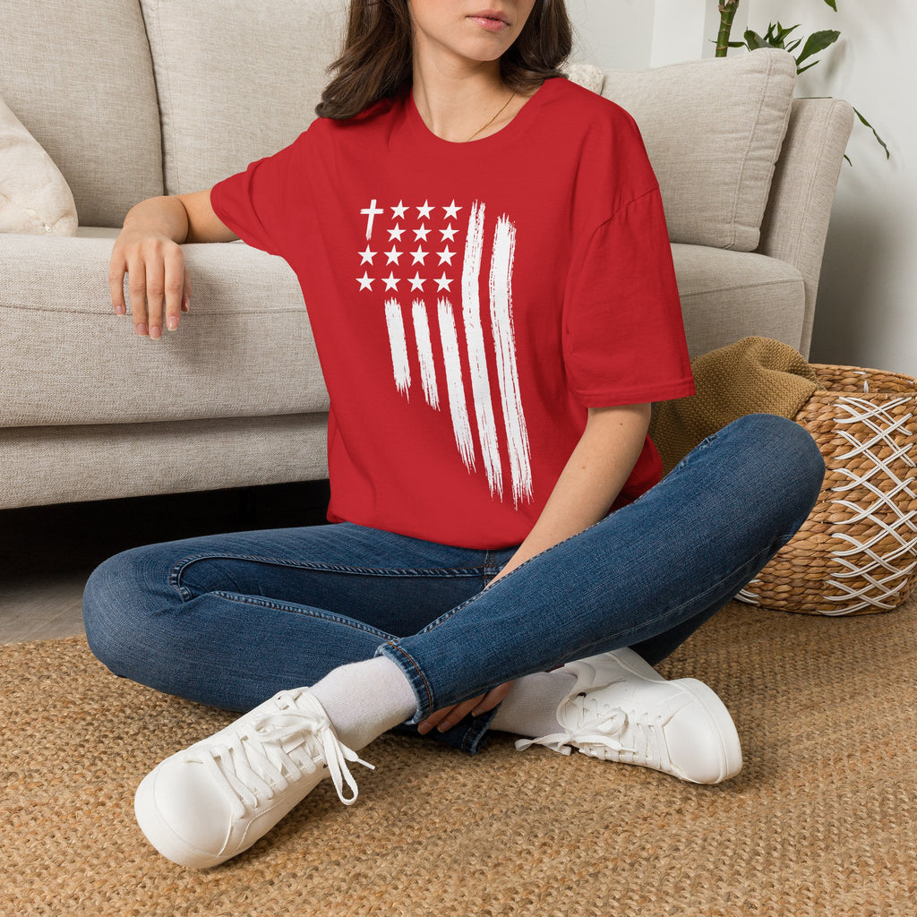Christian American Flag T-Shirt — Distressed Cross & Stars Patriotic Tee