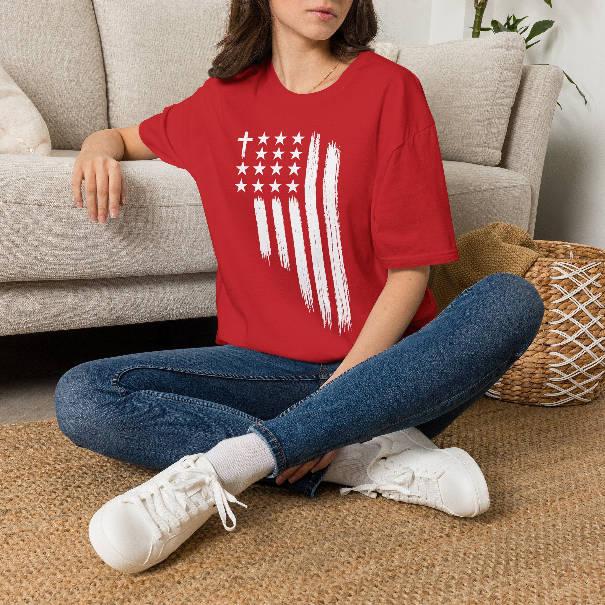 Christian American Flag T-Shirt — Distressed Cross & Stars Patriotic Tee