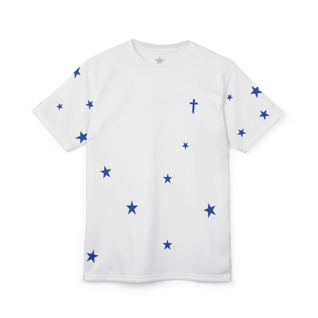 Star Scatter Tee — Blue Stars & Cross All-Over Print