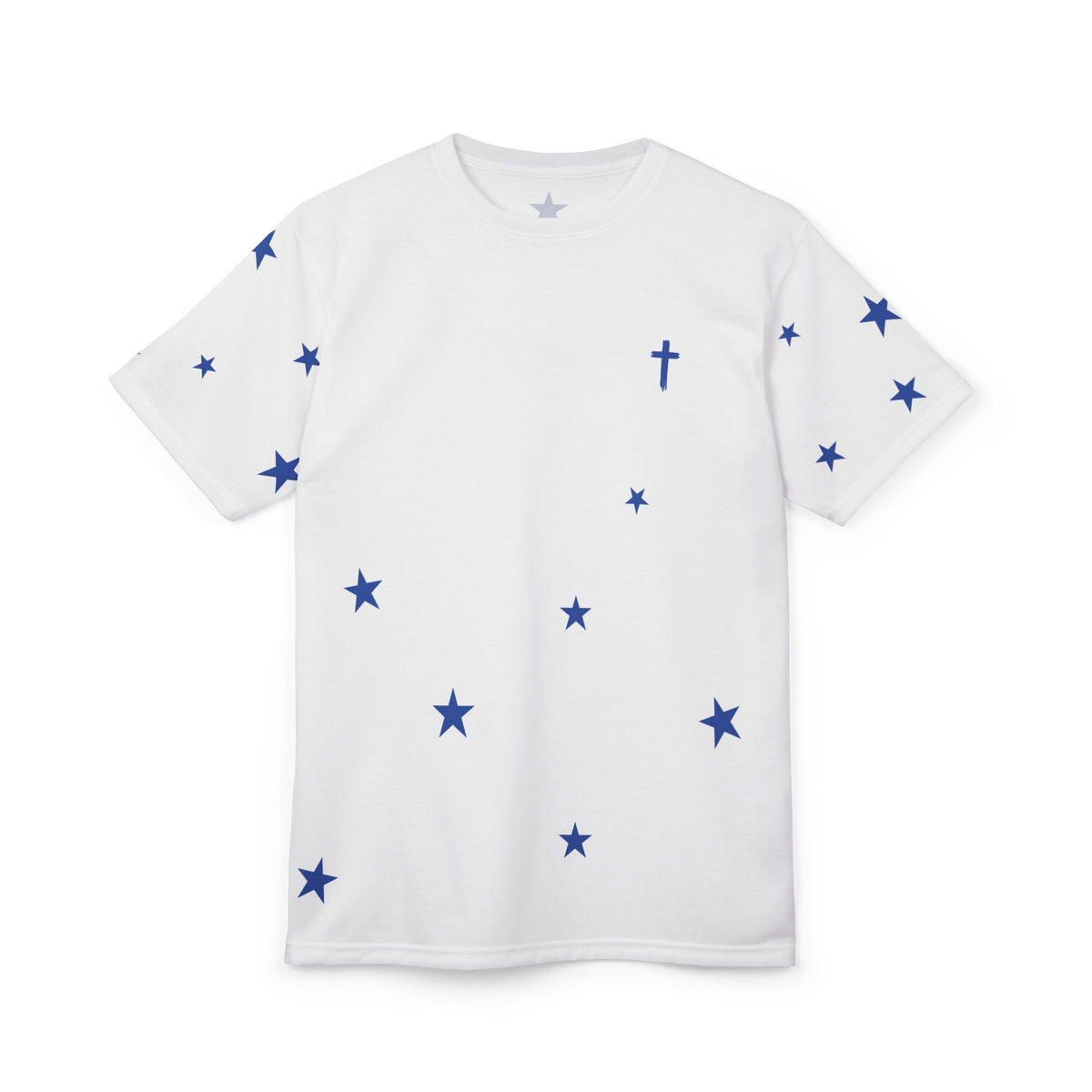 Star Scatter Tee — Blue Stars & Cross All-Over Print