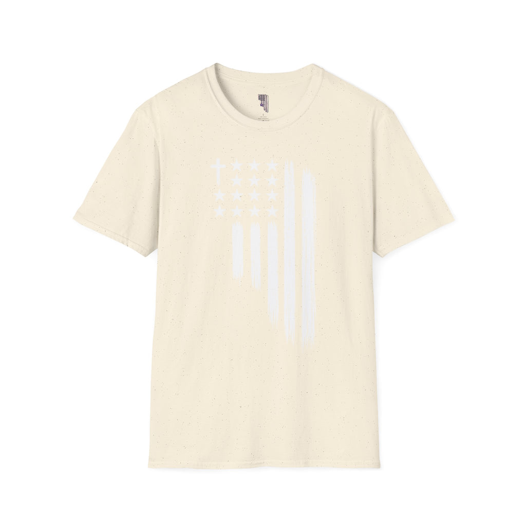 Christian American Flag T-Shirt — Distressed Cross & Stars Patriotic Tee