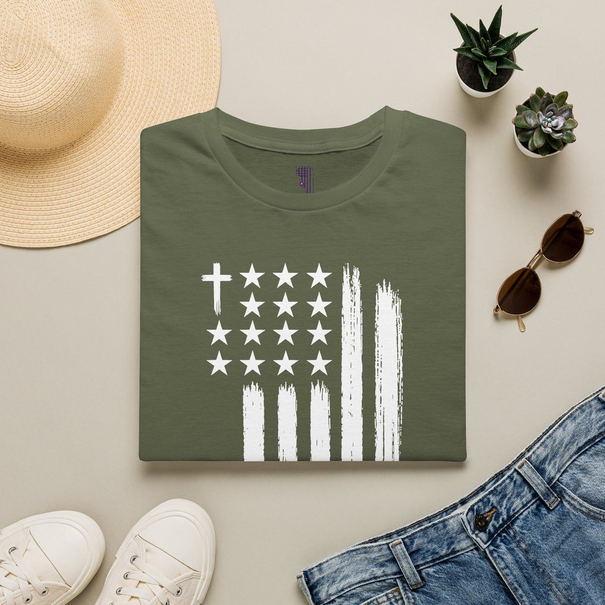 Christian American Flag T-Shirt — Distressed Cross & Stars Patriotic Tee
