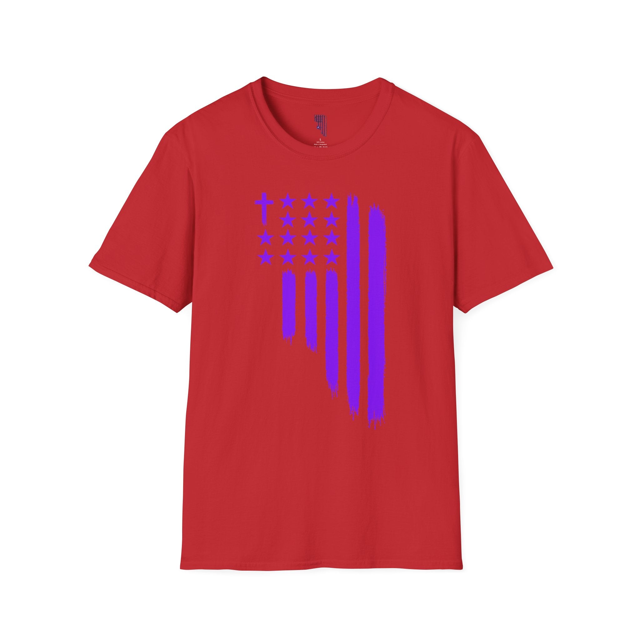 Christian Flag T-Shirt — Purple Brushstroke American Flag with Cross