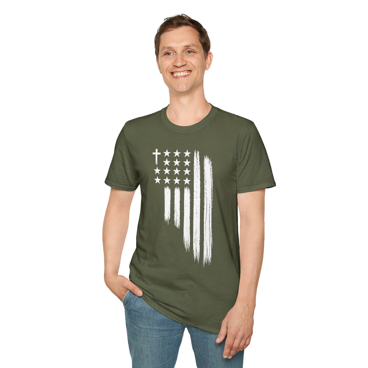 Christian American Flag T-Shirt — Distressed Cross & Stars Patriotic Tee